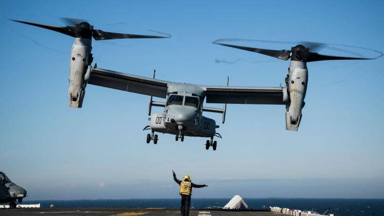 An MV-22 Osprey assault support aircraft during the BALTOPS 22 security exercise in the Baltic Sea, led by US Naval Forces Europe-Africa and executed by the NATO Naval Striking and Support Forces. Photo by JONATHAN NACKSTRAND/AFP via Getty Images.